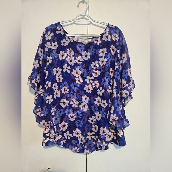 Studio Works Floral Blue Women's Top with Sheer Sleeves - Picture 1 of 6